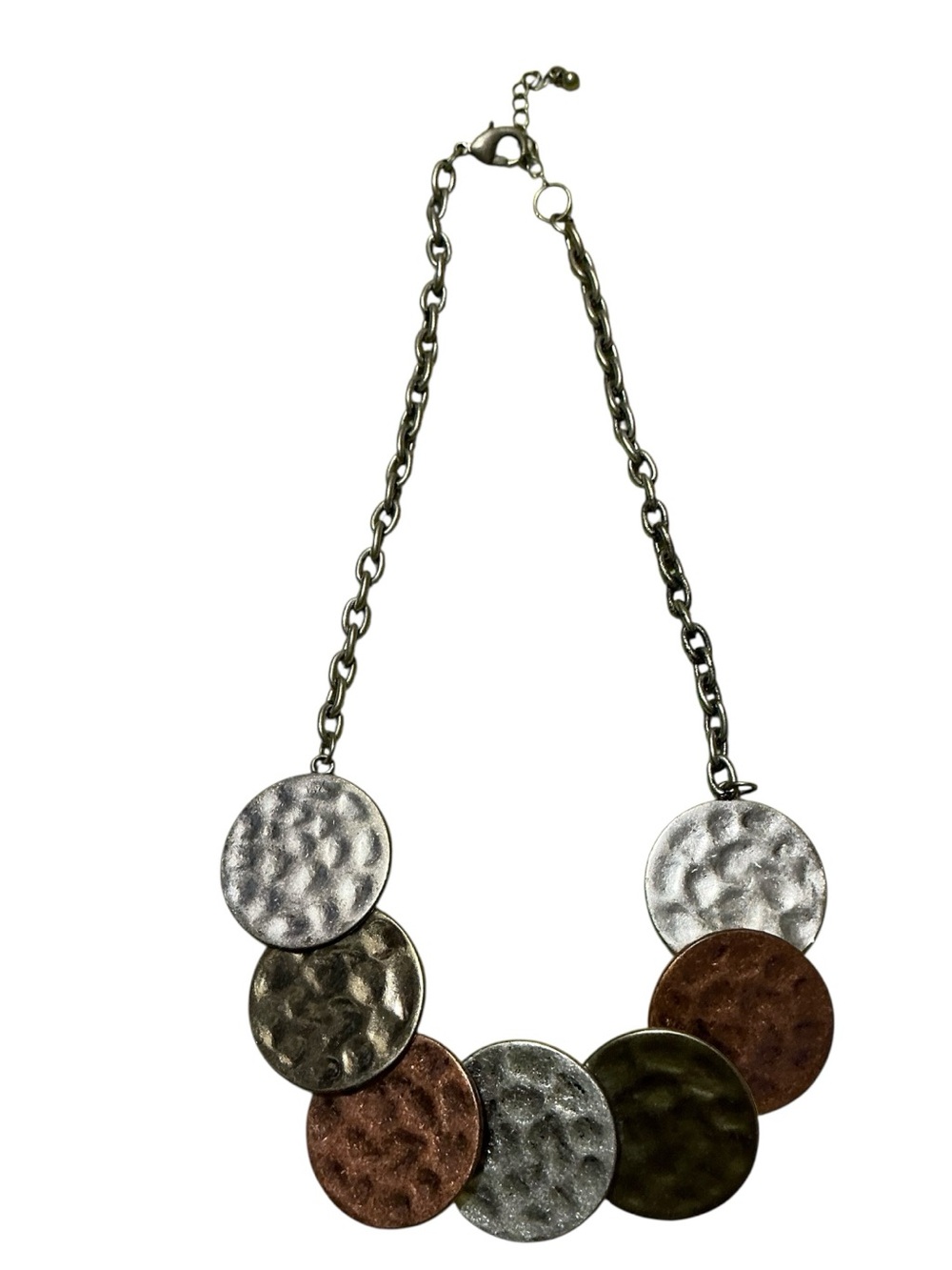 Heavy Hammered Metal Statement Necklace Mixed Silver Bronze Disc Toggle Clasp